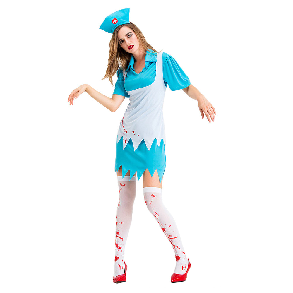 Halloween Vestido de Horror Uniforme de Enfermera Vestido Sangriento para Adultos Femenino