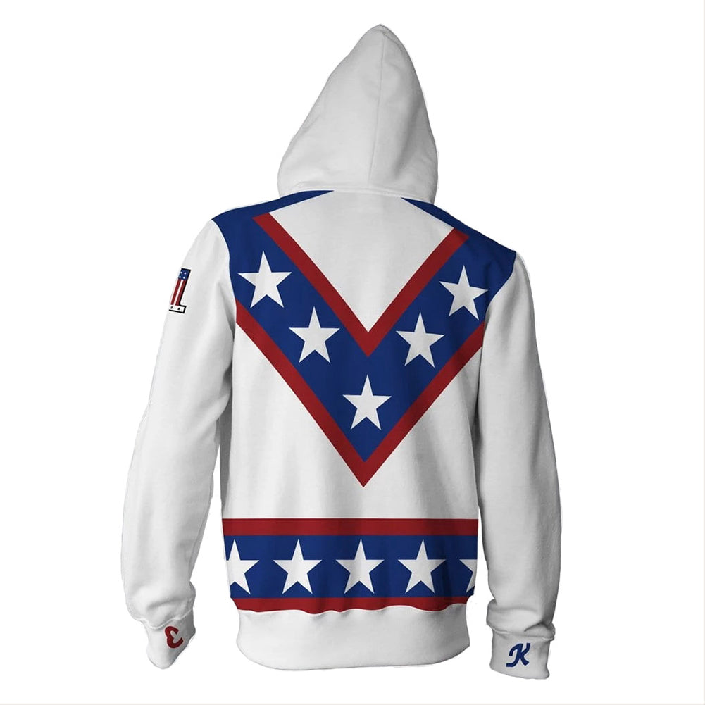 Evel Knievel Cosplay Sudadera Estampada con Capucha de Color Blanco para Adultos Unisex