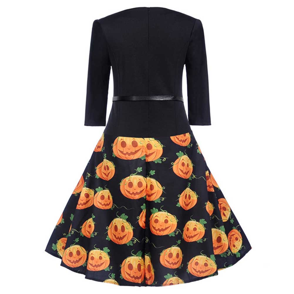 Halloween Disfraz Vestido de Manga Mediana Estampado de Calabaza Vestido para Adultos Femenino