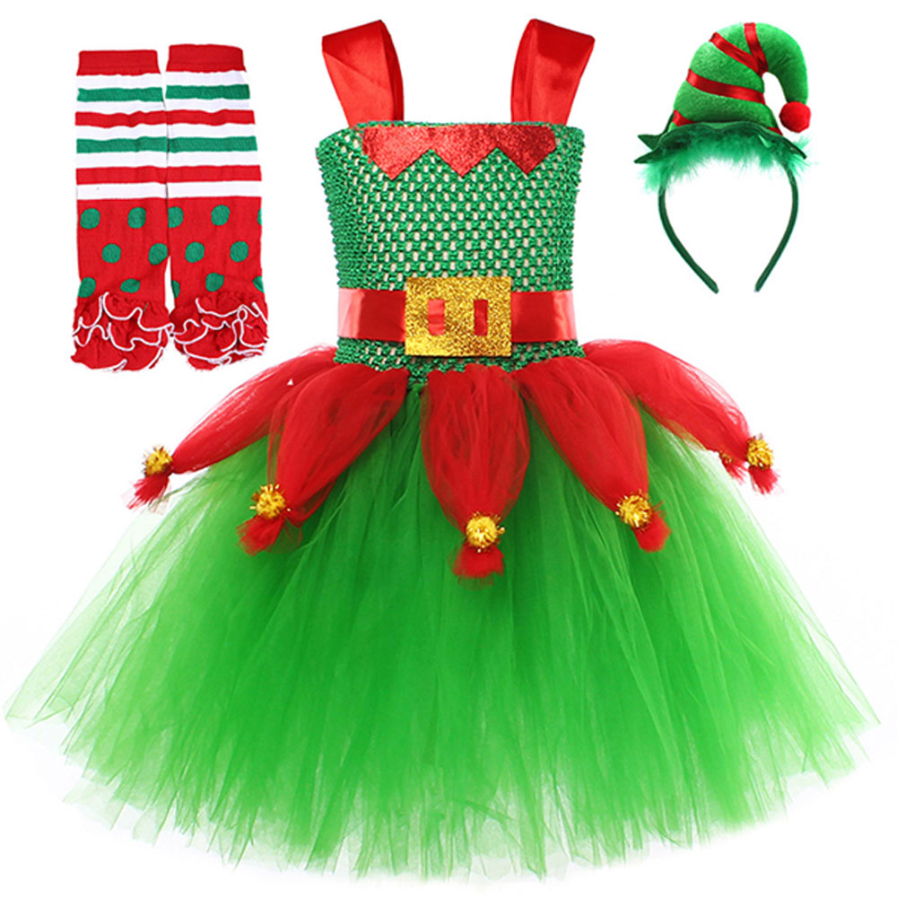 Niños Verde Duende Elf Navidad Cosplay Disfraz Traje Tutu Vestido Falda Fiesta Halloween