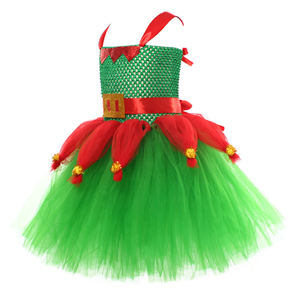Niños Verde Duende Elf Navidad Cosplay Disfraz Traje Tutu Vestido Falda Fiesta Halloween