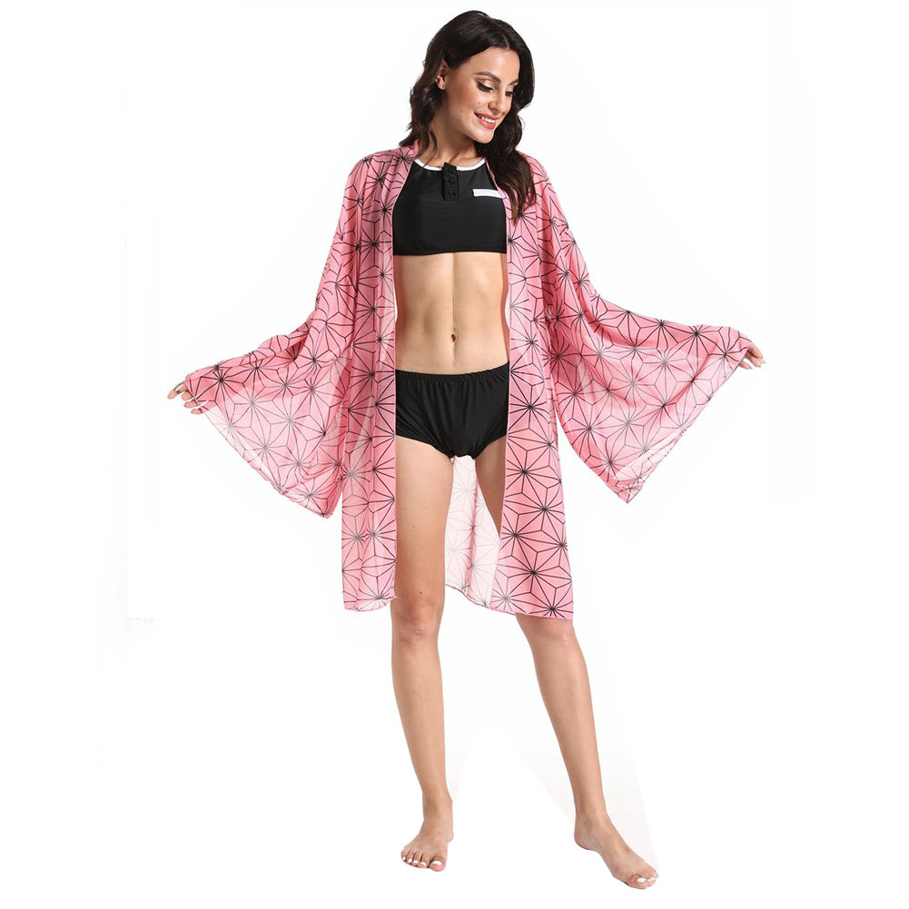 Demon Slayer Guardianes de la Noche Kamado Nezuko Traje de Baño Dividido Desviado con Abrigo de Hilo con Estampado de Mariposas y Tiras