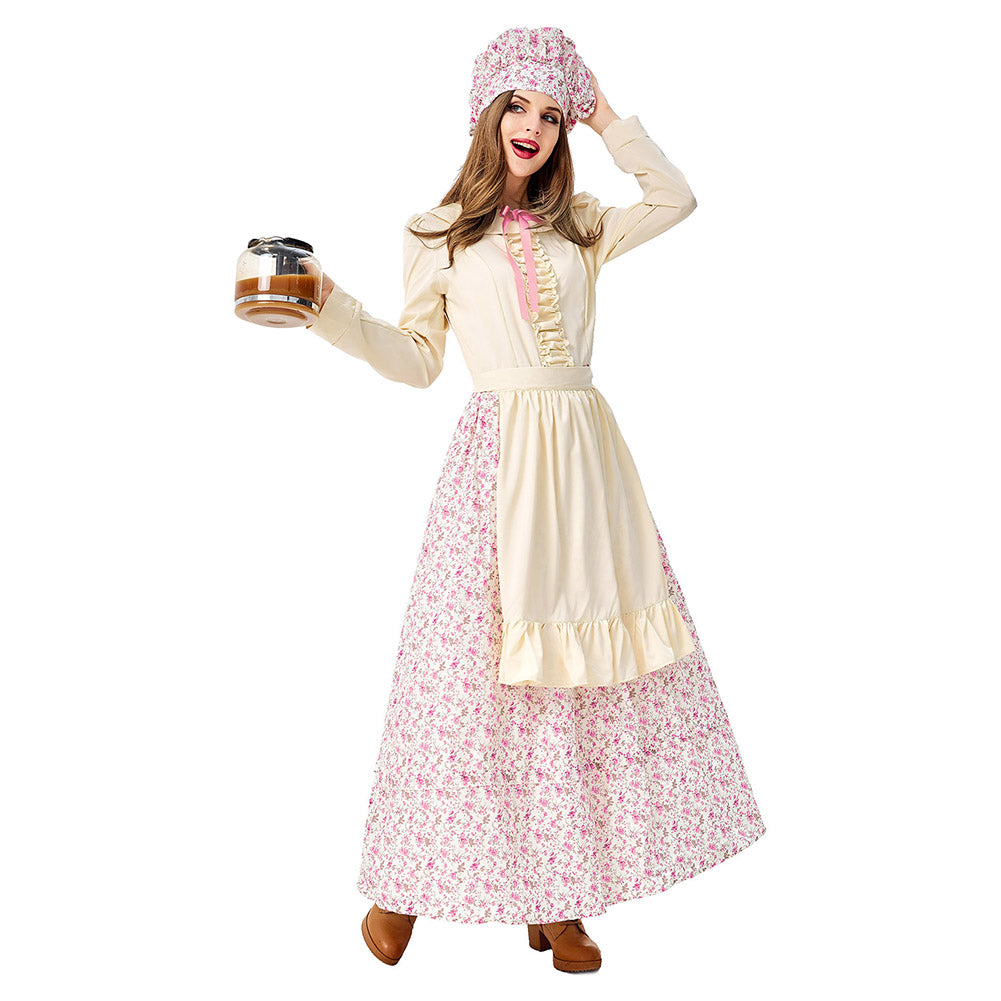 Halloween Disfraz De Sirvienta Pastoral Chef Pastelero de Café Vestido Largo para Adultos Femenino