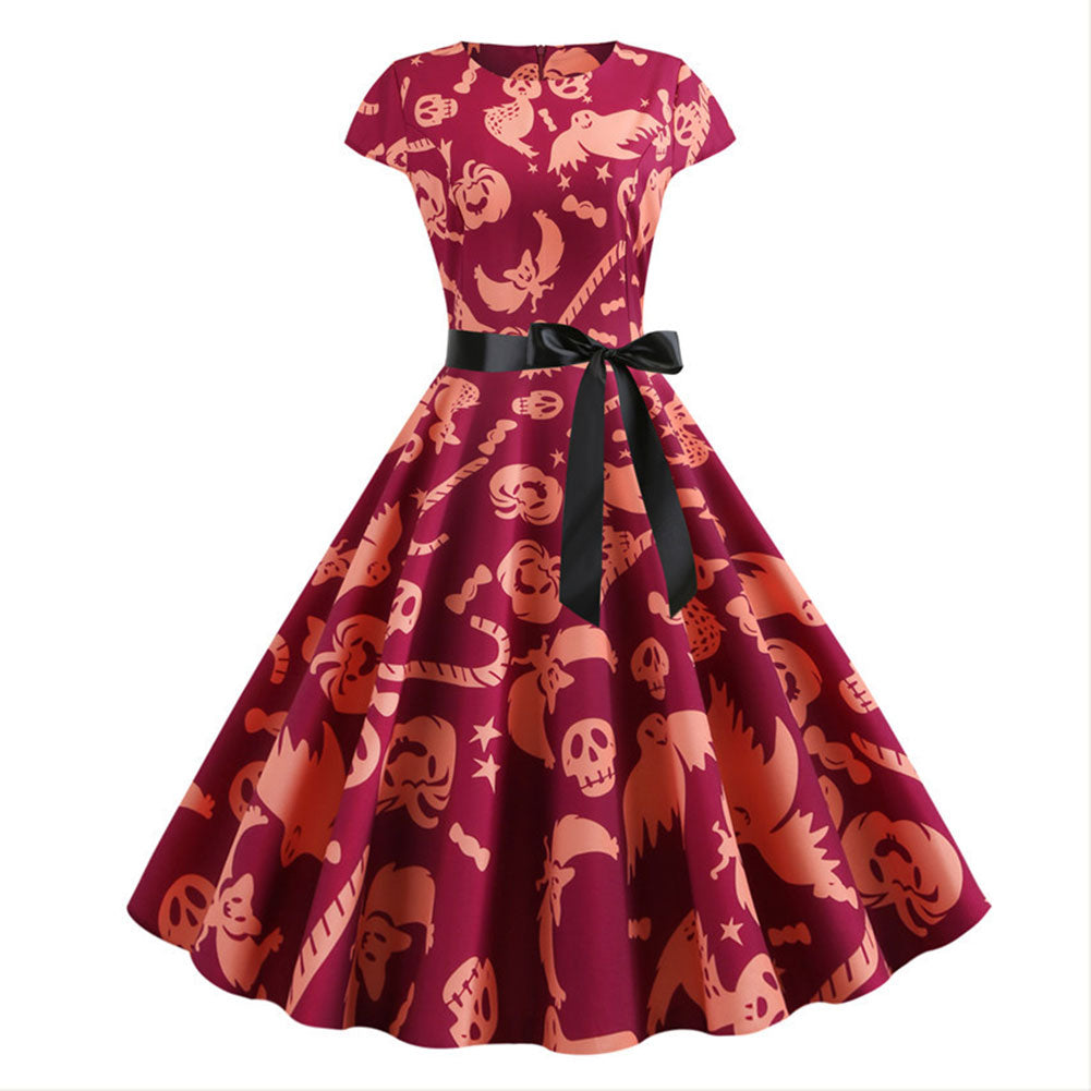 Halloween Disfraz Vestido de Manga Corta Estampada de Calabaza y Calavera Murciélago Fantasma Vestido con Cinturón para Adultos Femenino