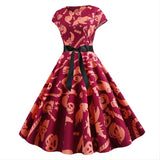 Halloween Disfraz Vestido de Manga Corta Estampada de Calabaza y Calavera Murciélago Fantasma Vestido con Cinturón para Adultos Femenino