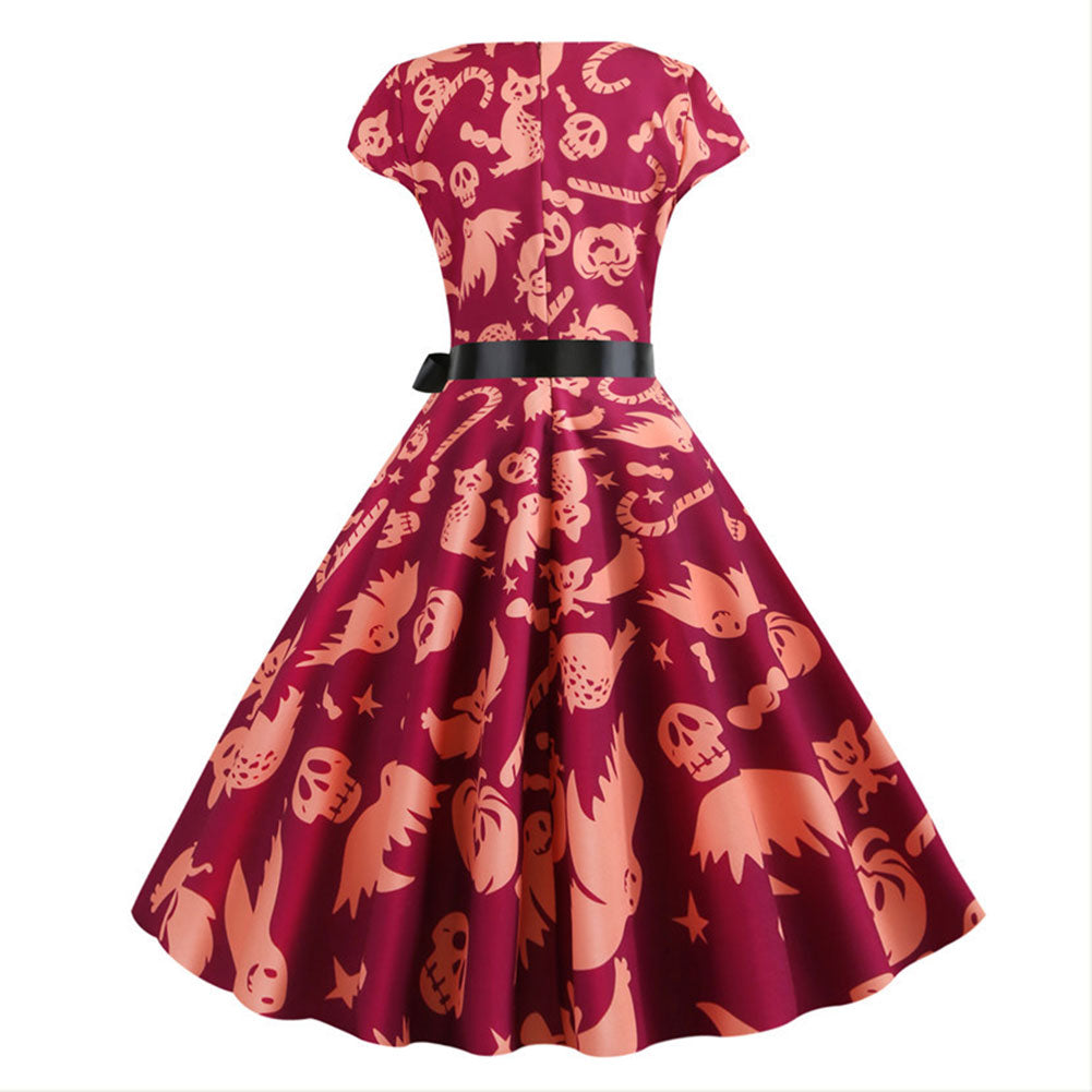 Halloween Disfraz Vestido de Manga Corta Estampada de Calabaza y Calavera Murciélago Fantasma Vestido con Cinturón para Adultos Femenino