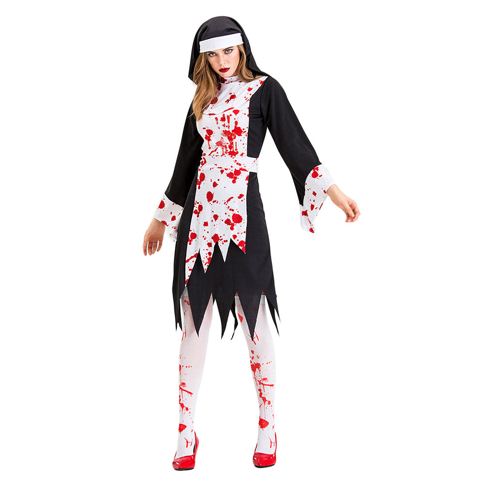 Halloween Disfraz de Horror Traje de Monja Sangrienta Diablo Vampiro Zombi Vestido para Adultos Femenino