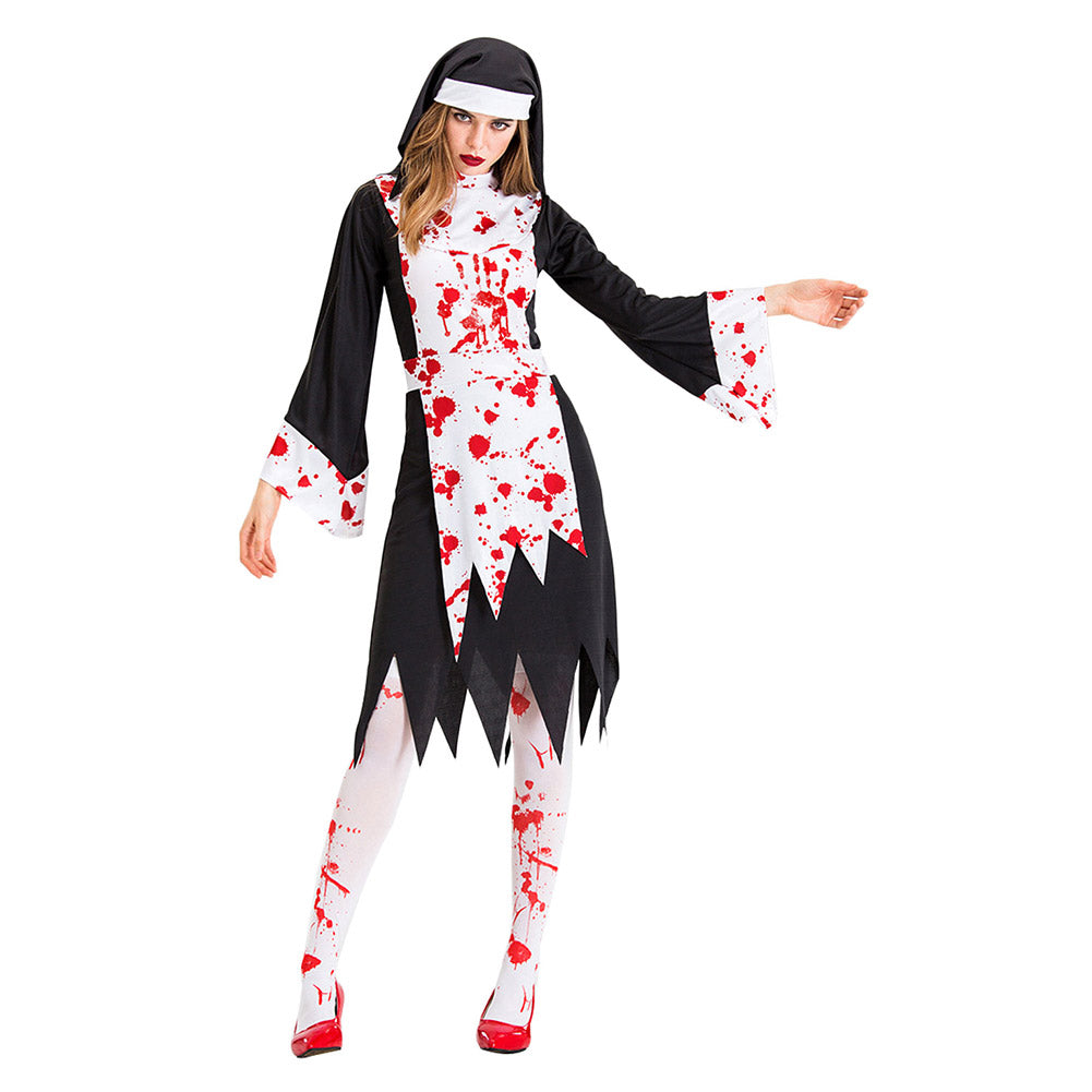 Halloween Disfraz de Horror Traje de Monja Sangrienta Diablo Vampiro Zombi Vestido para Adultos Femenino