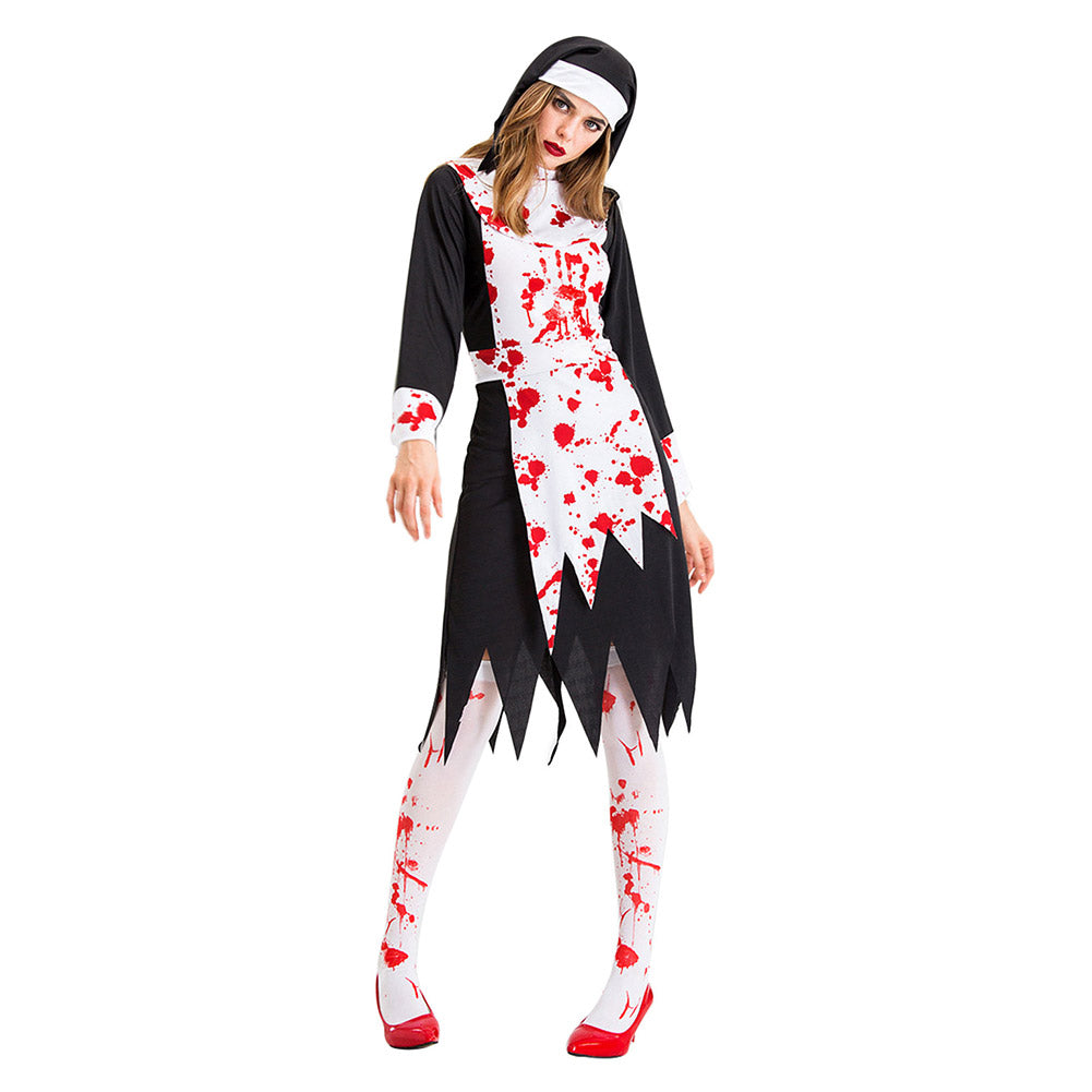 Halloween Disfraz de Horror Traje de Monja Sangrienta Diablo Vampiro Zombi Vestido para Adultos Femenino