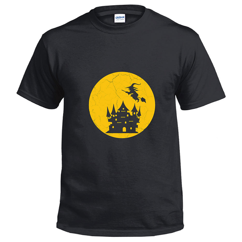 Halloween Disfraz Camiseta Impreso de Bruja y Castillo para Adultos Unisex
