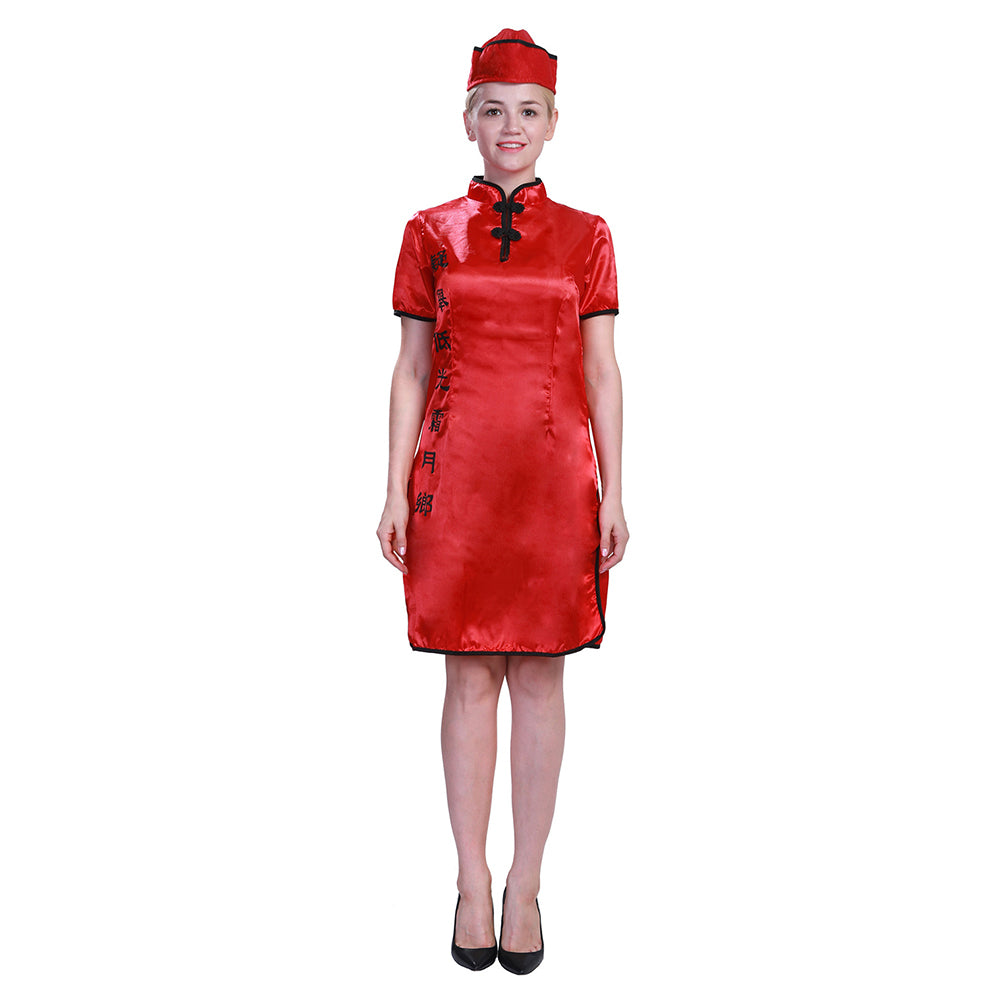 Halloween Disfraz Traje Chino Tang Cheongsam Rojo Vestido de Año Nuevo para Adultos Femenino