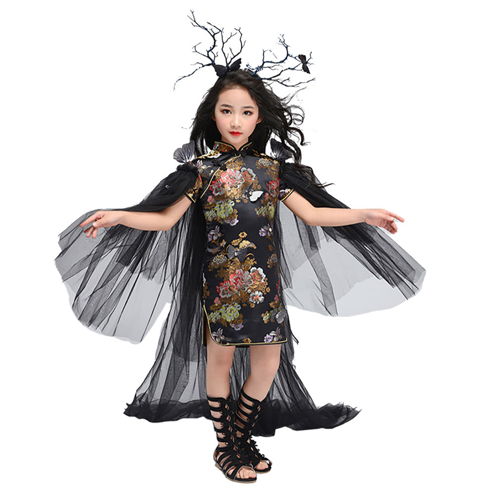 Halloween Estilo Cheongsam Chino Disfraz Retro Creativo Vestido con Flores para Niñas