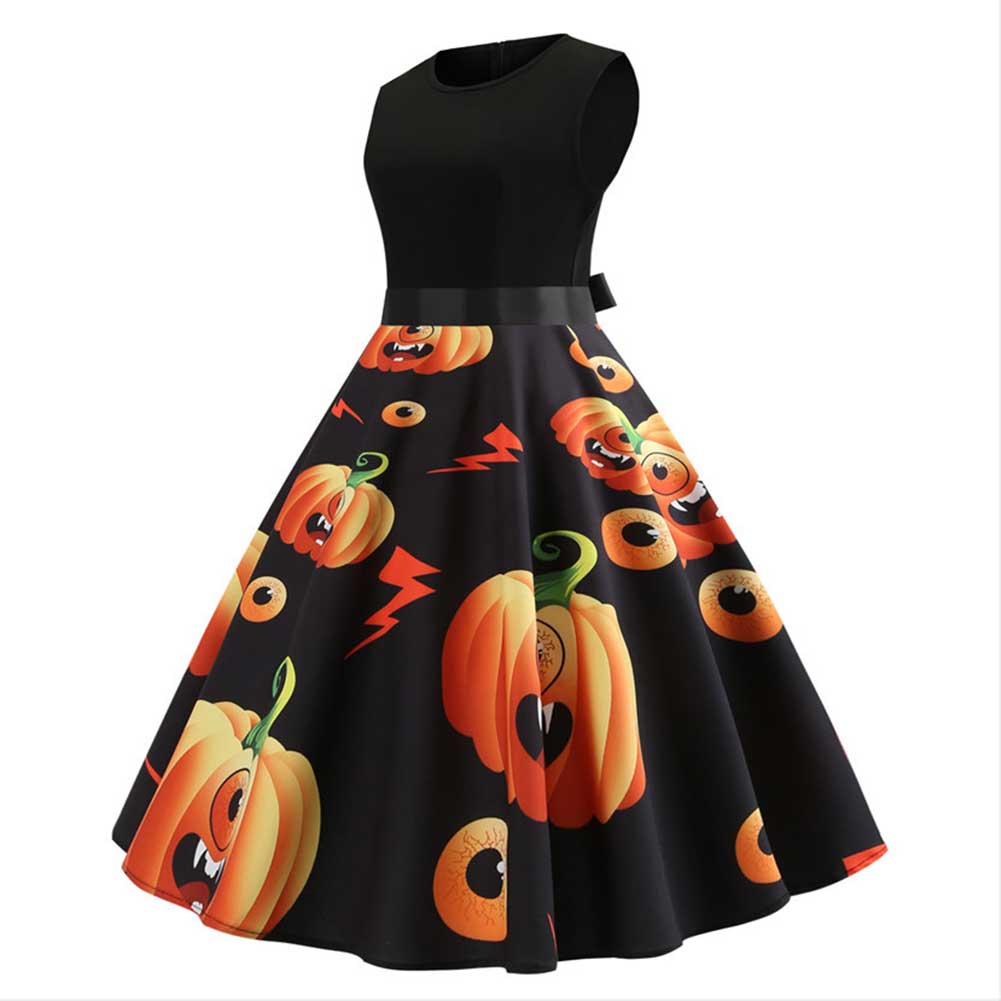 Halloween Navidad Retro Vestido sin Mangas Estampada de Calabazas Vestido para Adultos Femenino
