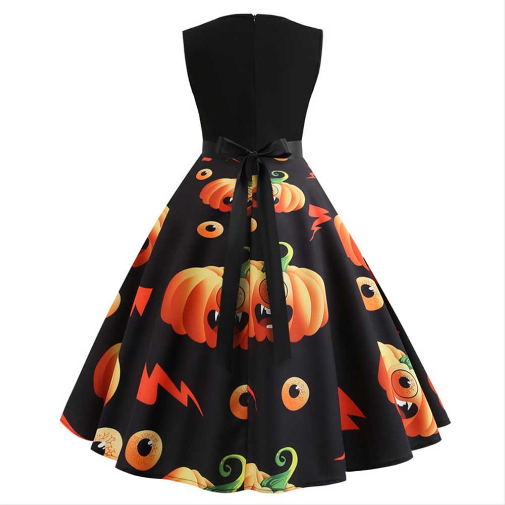 Halloween Navidad Retro Vestido sin Mangas Estampada de Calabazas Vestido para Adultos Femenino