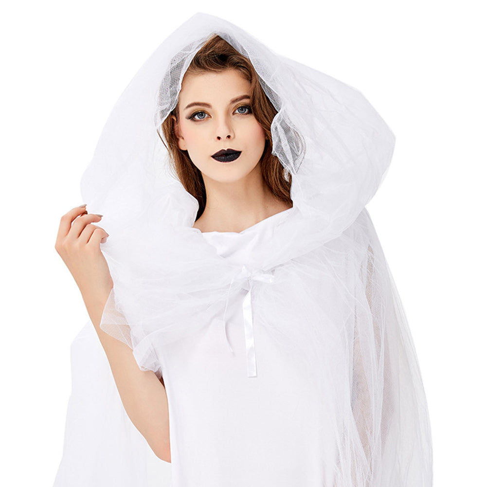 Halloween Disfraz Vestido Largo de Novia de Color Blanco Vestido Formal sin Mangas para Adultos Femenino