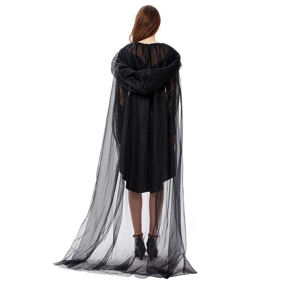 Halloween Disfraz de Bruja Malvada Vestido Sexy de Encaje Negro para Adultos Femenino