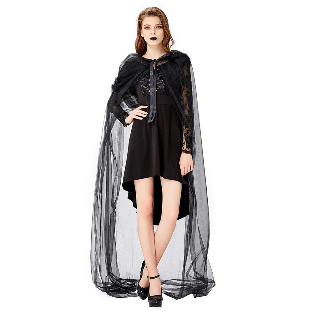 Halloween Disfraz de Bruja Malvada Vestido Sexy de Encaje Negro para Adultos Femenino