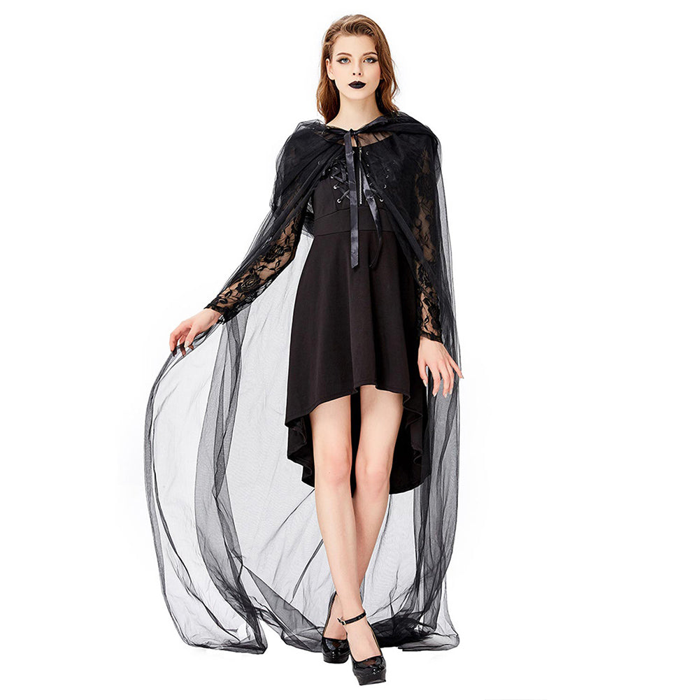 Halloween Disfraz de Bruja Malvada Vestido Sexy de Encaje Negro para Adultos Femenino