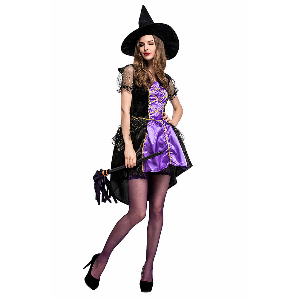 Halloween Disfraz Bruja Cosplay Vestido de Color Púrpura con Sombrero para Adultos Femenino