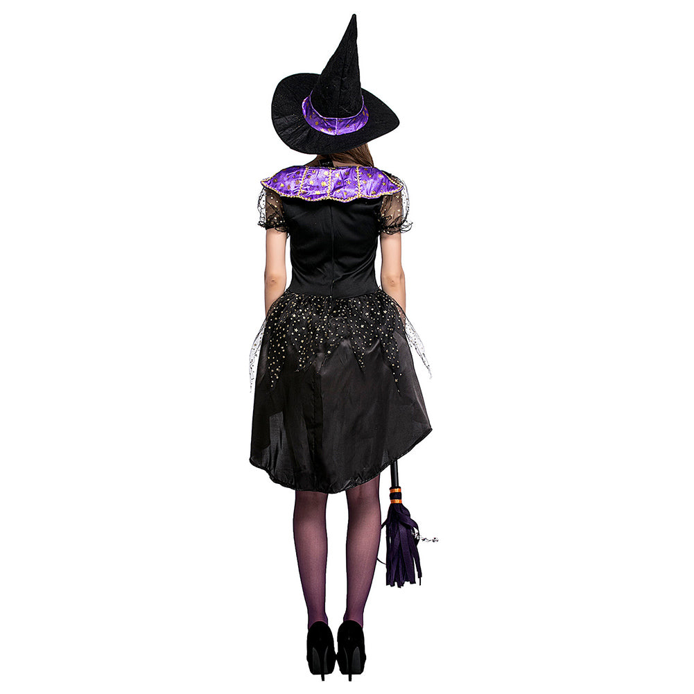 Halloween Disfraz Bruja Cosplay Vestido de Color Púrpura con Sombrero para Adultos Femenino