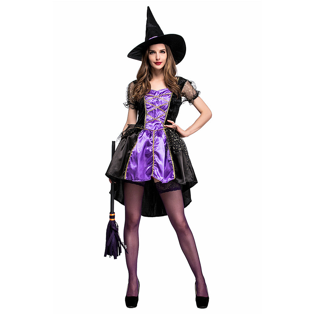 Halloween Disfraz Bruja Cosplay Vestido de Color Púrpura con Sombrero para Adultos Femenino