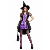Halloween Disfraz Bruja Cosplay Vestido de Color Púrpura con Sombrero para Adultos Femenino
