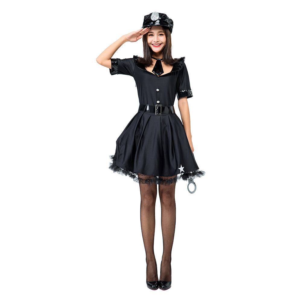 Halloween Policía Juego de Rol Uniforme de Policía Vestido Negro para Adultos Femenino