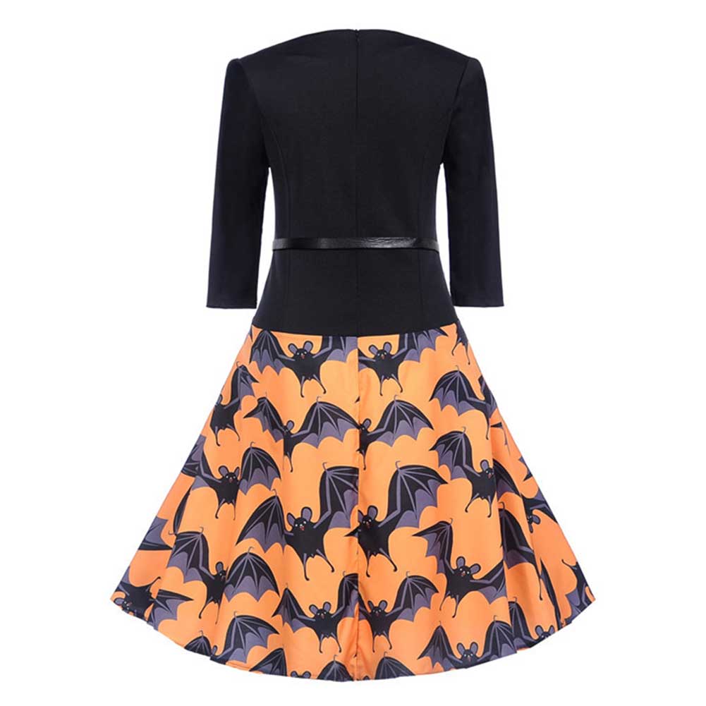 Halloween Disfraz Vestido de Manga Mediana Estampado de Murciélago Vestido para Adultos Femenino