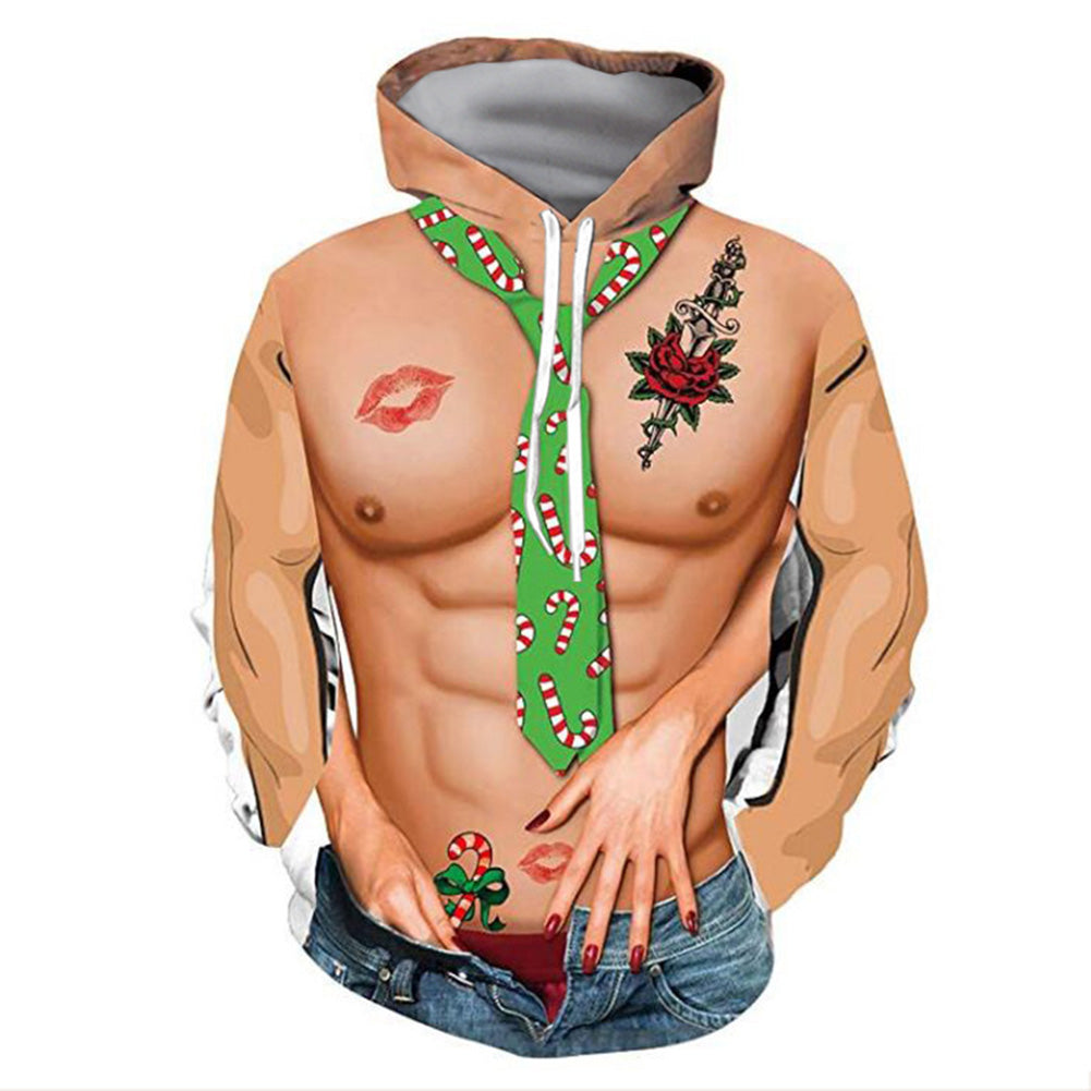 Navidad Halloween Sudadera Fea 3D Músculo Sudadera Divertida con Capucha para Adultos Masculino