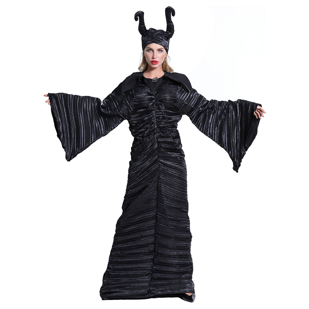 Halloween Maléfica Maleficent Cosplay Traje de Bruja Reina Oscura Vestido Negro de Fiesta para Adultos Femenino