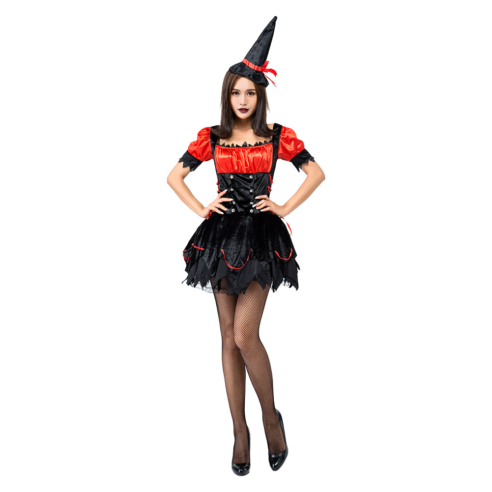 Halloween Disfraz de Bruja Cosplay Vestido Sexy de Color Negro y Rojo para Adultos Femenino