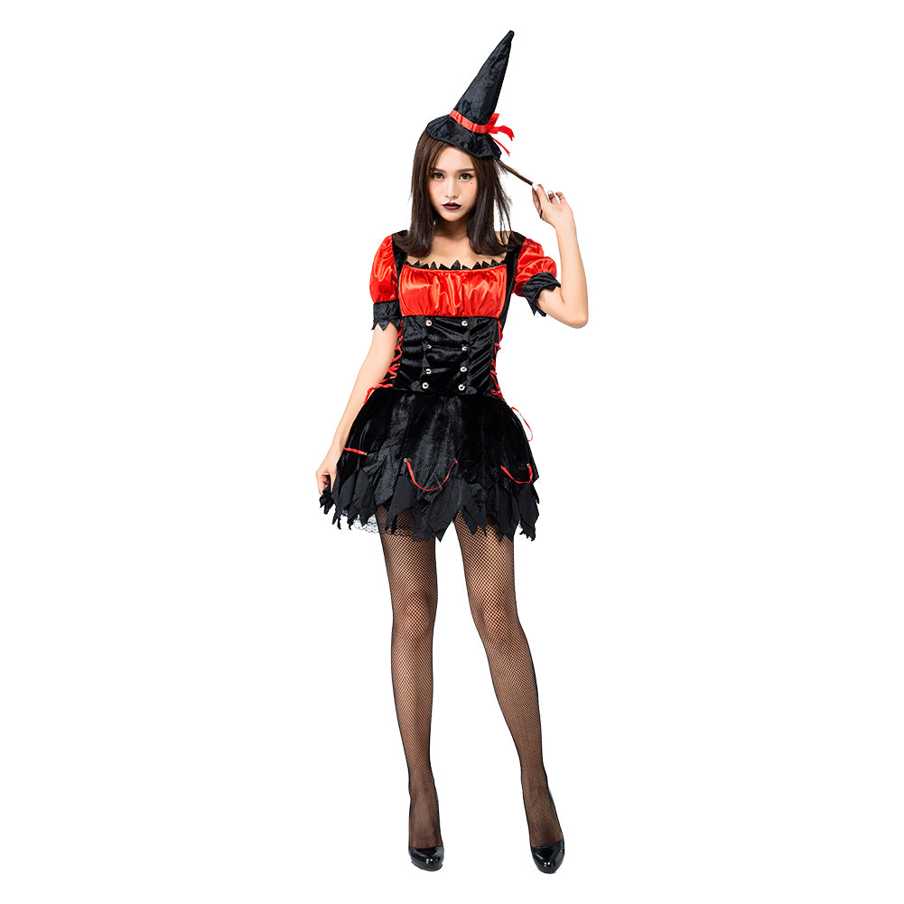 Halloween Disfraz de Bruja Cosplay Vestido Sexy de Color Negro y Rojo para Adultos Femenino