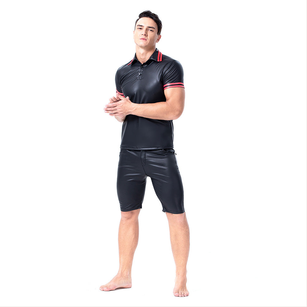 Halloween Traje de Charol Camiseta y Pantalones Cortos Traje Sexy de Club Nocturno para Adultos Masculino