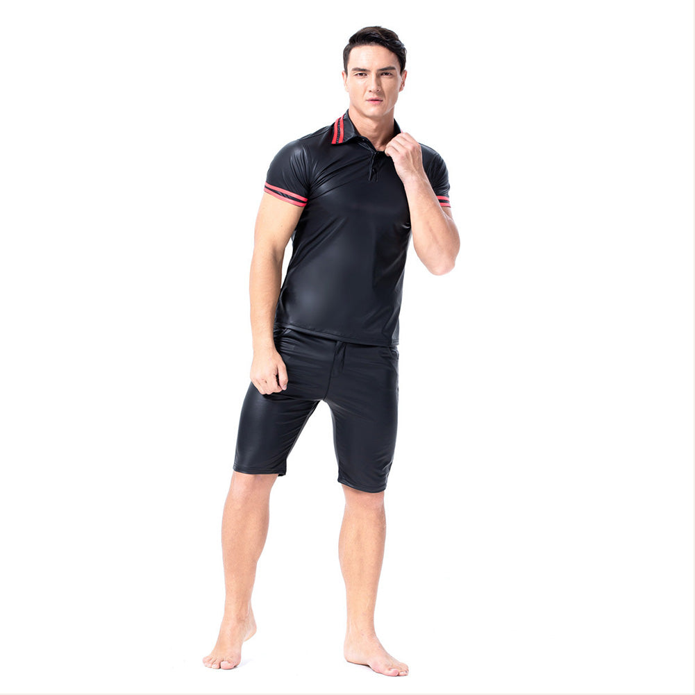 Halloween Traje de Charol Camiseta y Pantalones Cortos Traje Sexy de Club Nocturno para Adultos Masculino