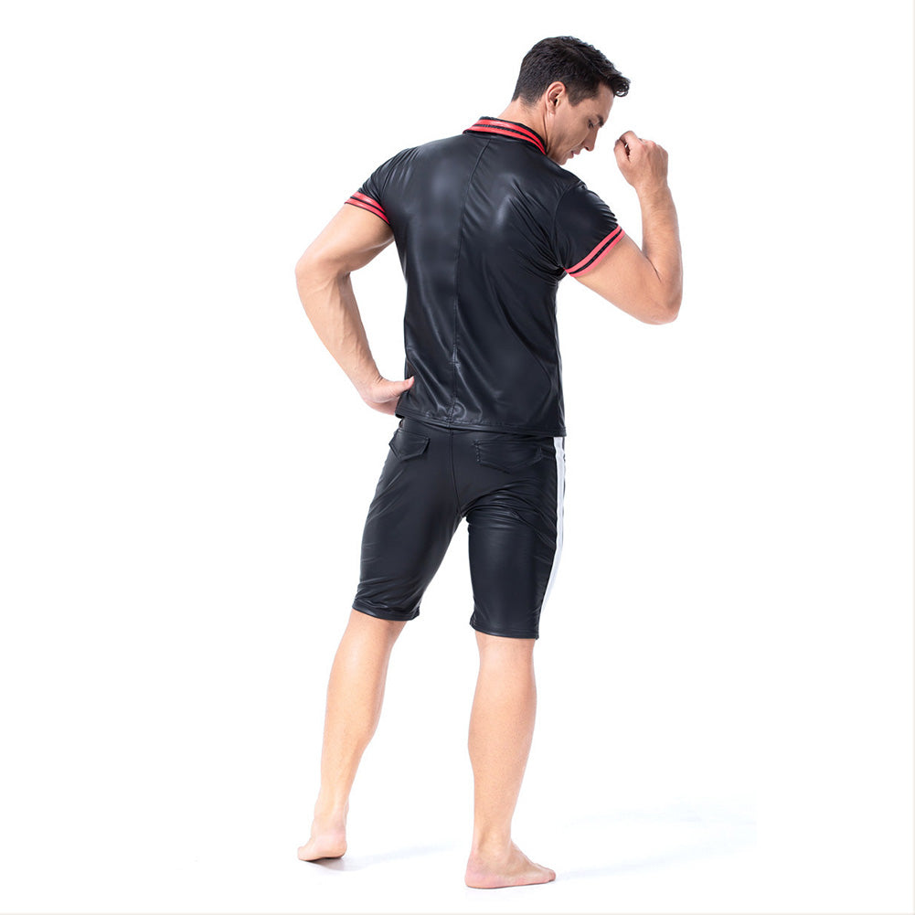 Halloween Traje de Charol Camiseta y Pantalones Cortos Traje Sexy de Club Nocturno para Adultos Masculino