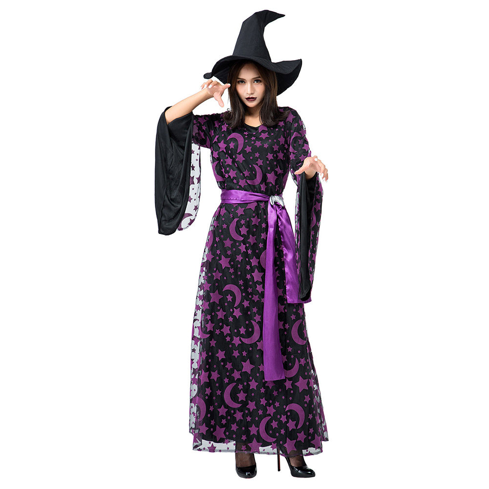 Halloween Luna Estrella Púrpura Bruja Mágica Disfraz Vestido Largo de Manga Larga para Adultos Femenino