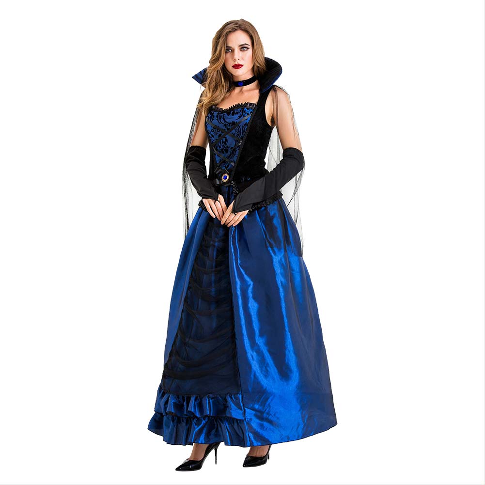 Halloween Vestido Azul Palacio de Hechicera Vestido de Reina o Vampiro de Fiesta para Adultos Femenino