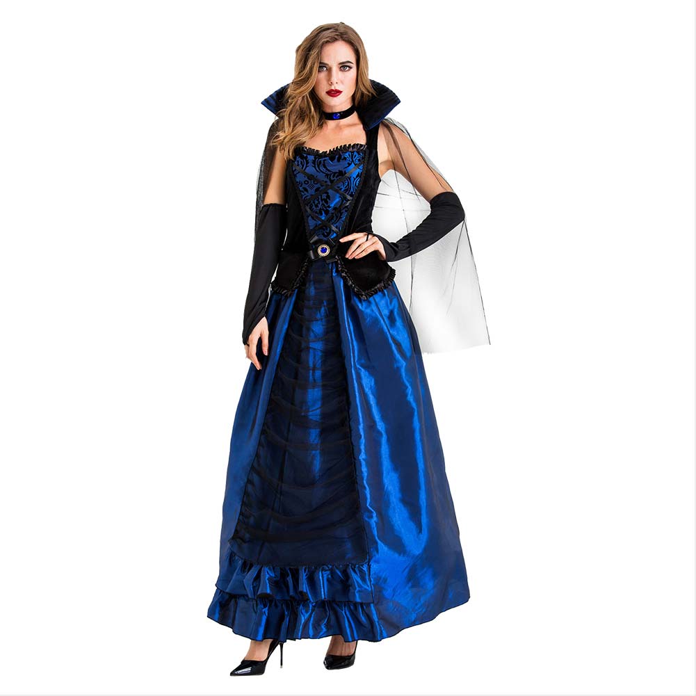Halloween Vestido Azul Palacio de Hechicera Vestido de Reina o Vampiro de Fiesta para Adultos Femenino
