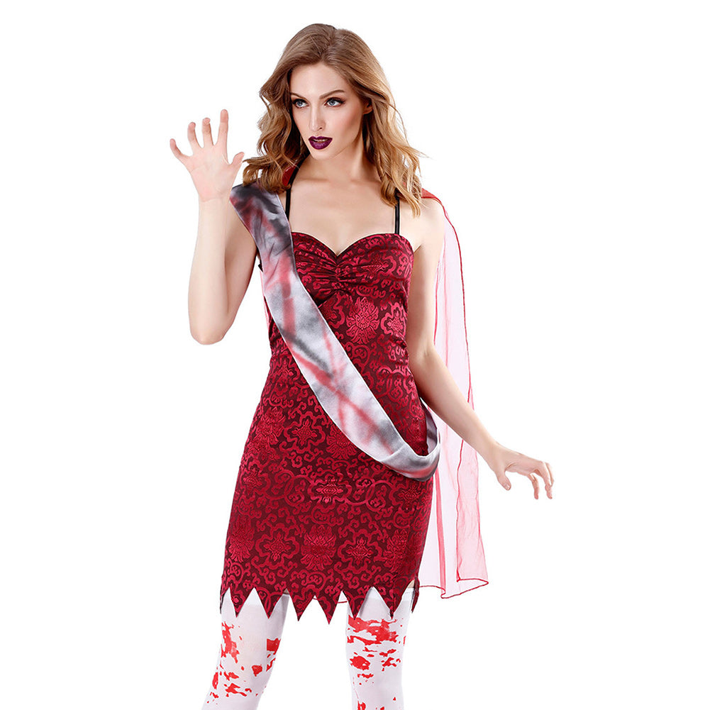 Halloween Gótico Fantasma Rojo Falda de Hondas Vampiro Cosplay para Adultos Femenino 3 Piezas
