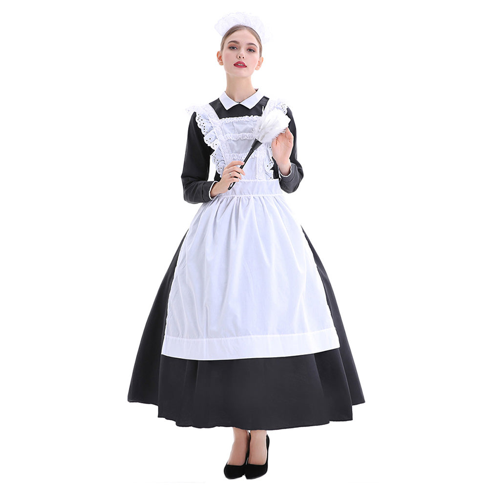 Halloween Traje de Mucama Sexy Cosplay Vestido Largo con Delantal Blanco y Negro para Adultos Femenino