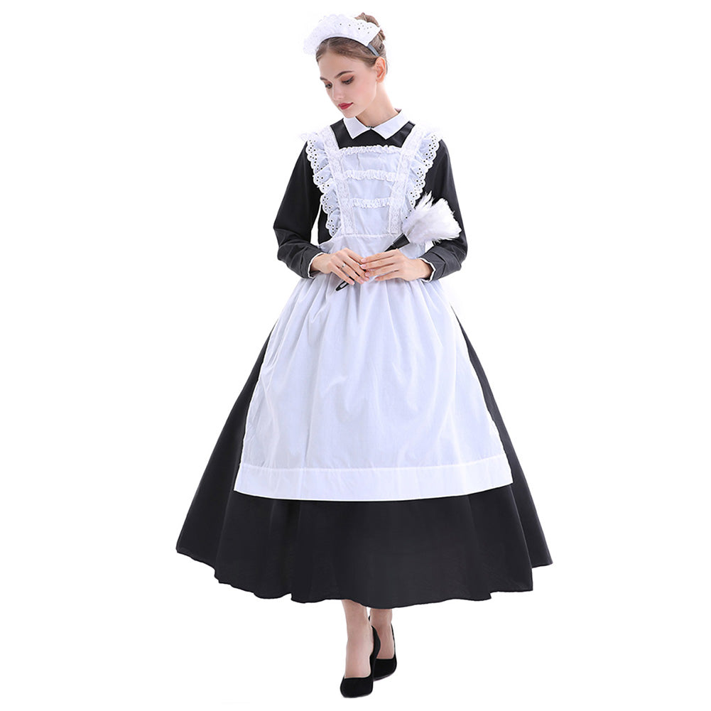 Halloween Traje de Mucama Sexy Cosplay Vestido Largo con Delantal Blanco y Negro para Adultos Femenino