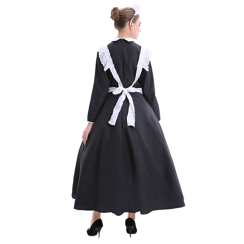 Halloween Traje de Mucama Sexy Cosplay Vestido Largo con Delantal Blanco y Negro para Adultos Femenino