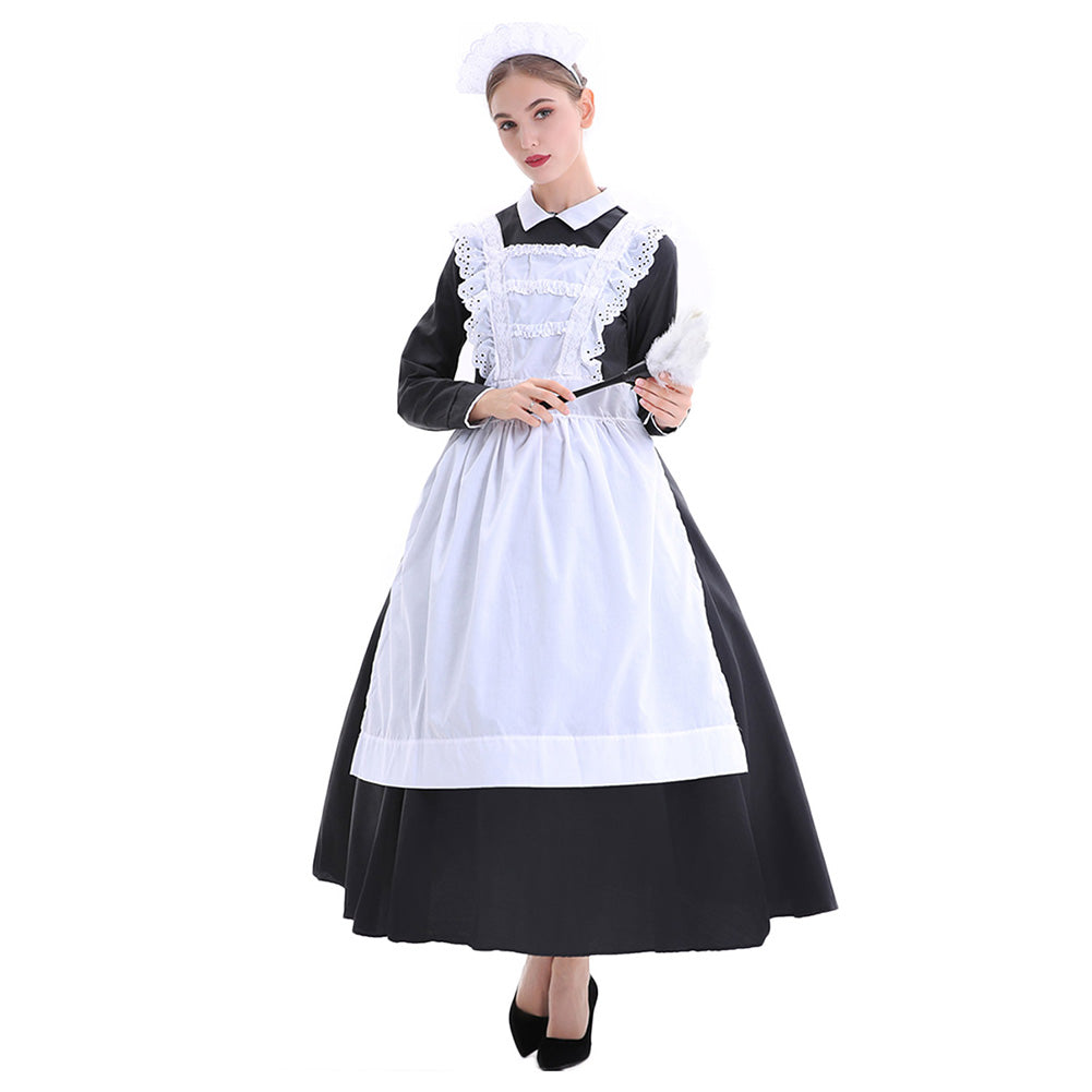 Halloween Traje de Mucama Sexy Cosplay Vestido Largo con Delantal Blanco y Negro para Adultos Femenino