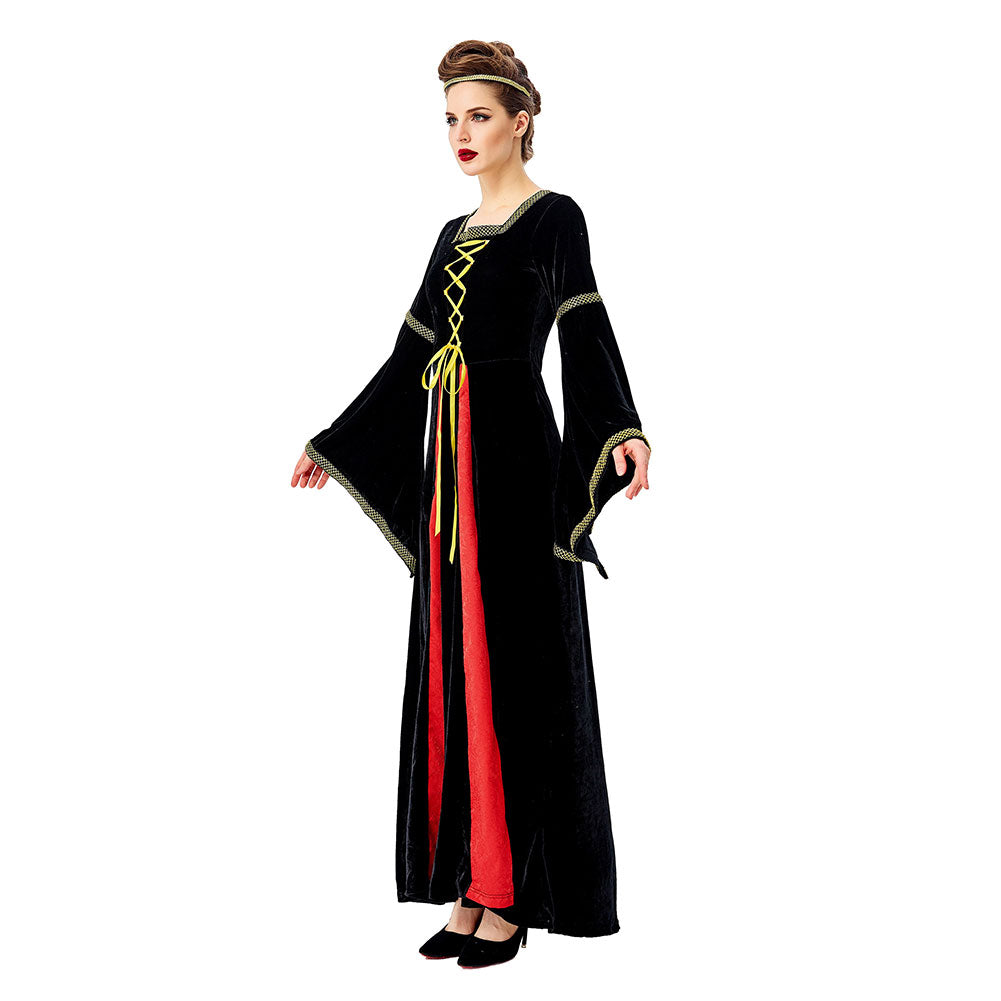 Halloween Renacimiento Retro Vestido Largo con Cuello Cuadrado y Manga Acampanada Vestido para Adultos Femenino