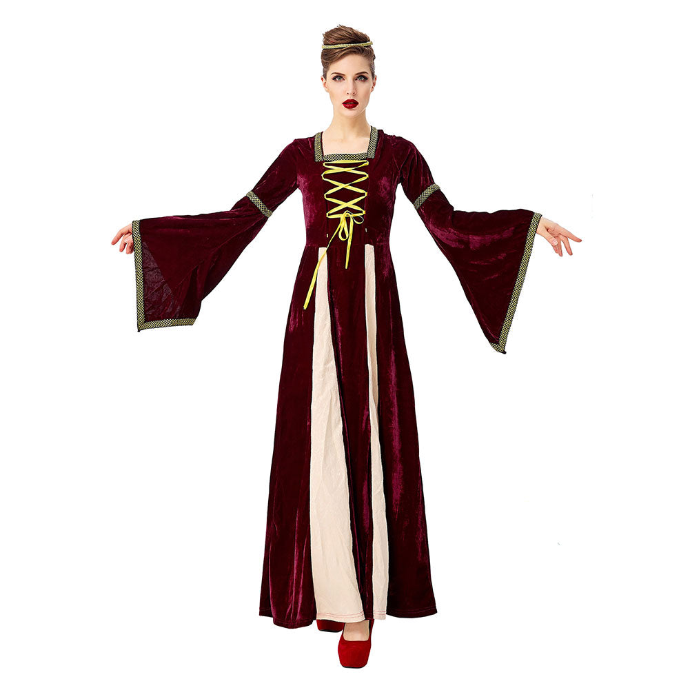 Halloween Renacimiento Retro Vestido Largo con Cuello Cuadrado y Manga Acampanada Vestido para Adultos Femenino