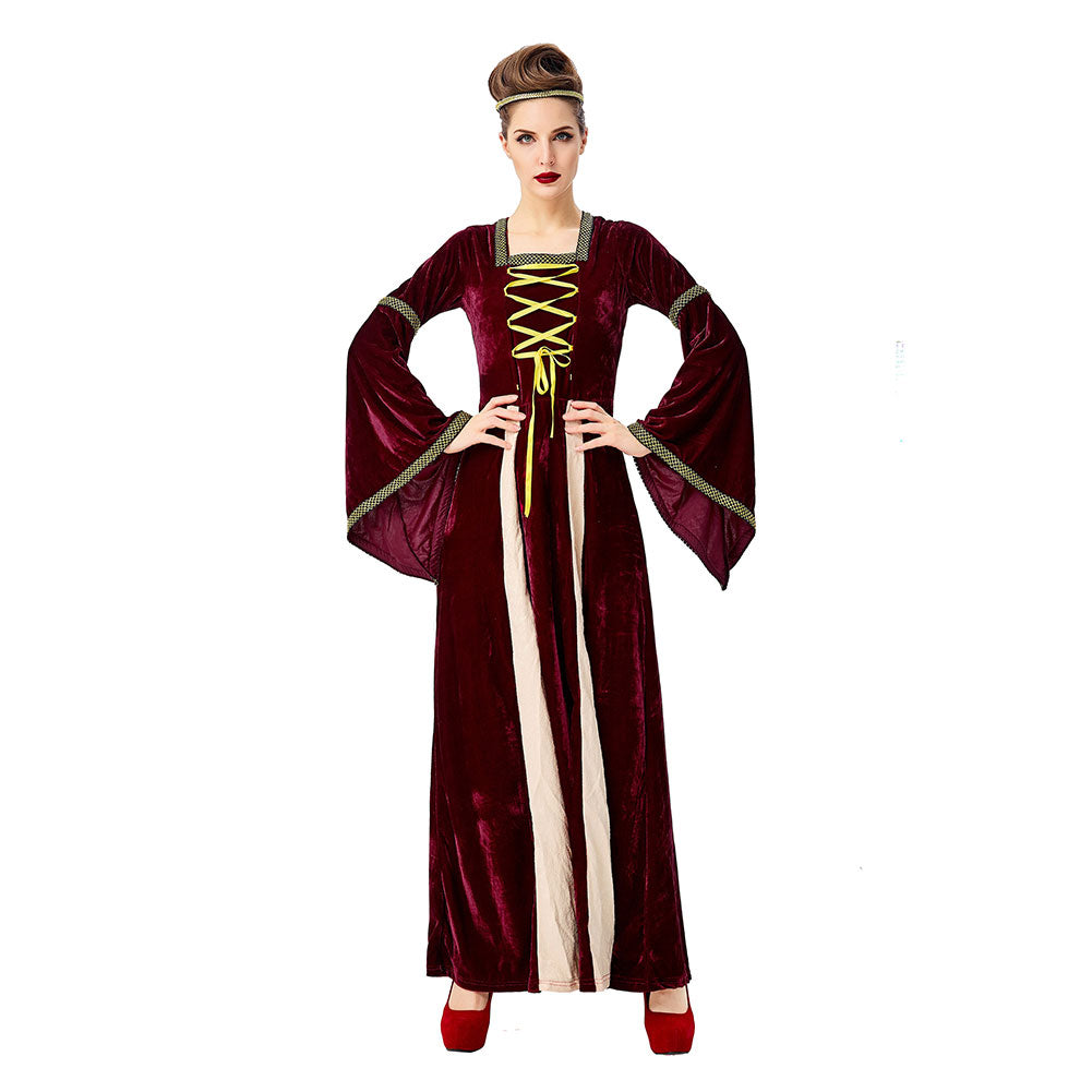 Halloween Renacimiento Retro Vestido Largo con Cuello Cuadrado y Manga Acampanada Vestido para Adultos Femenino