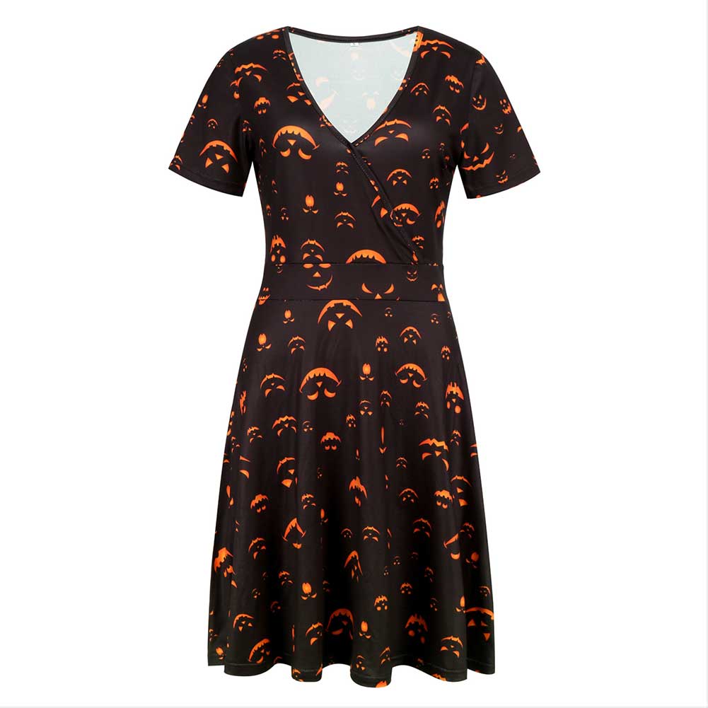 Halloween Disfraz Vestido de Manga Corta Estampada de Calabaza Vestido de Fiesta para Adultos Femenino