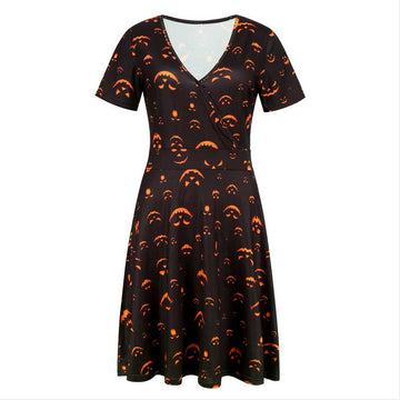 Halloween Disfraz Vestido de Manga Corta Estampada de Calabaza Vestido de Fiesta para Adultos Femenino