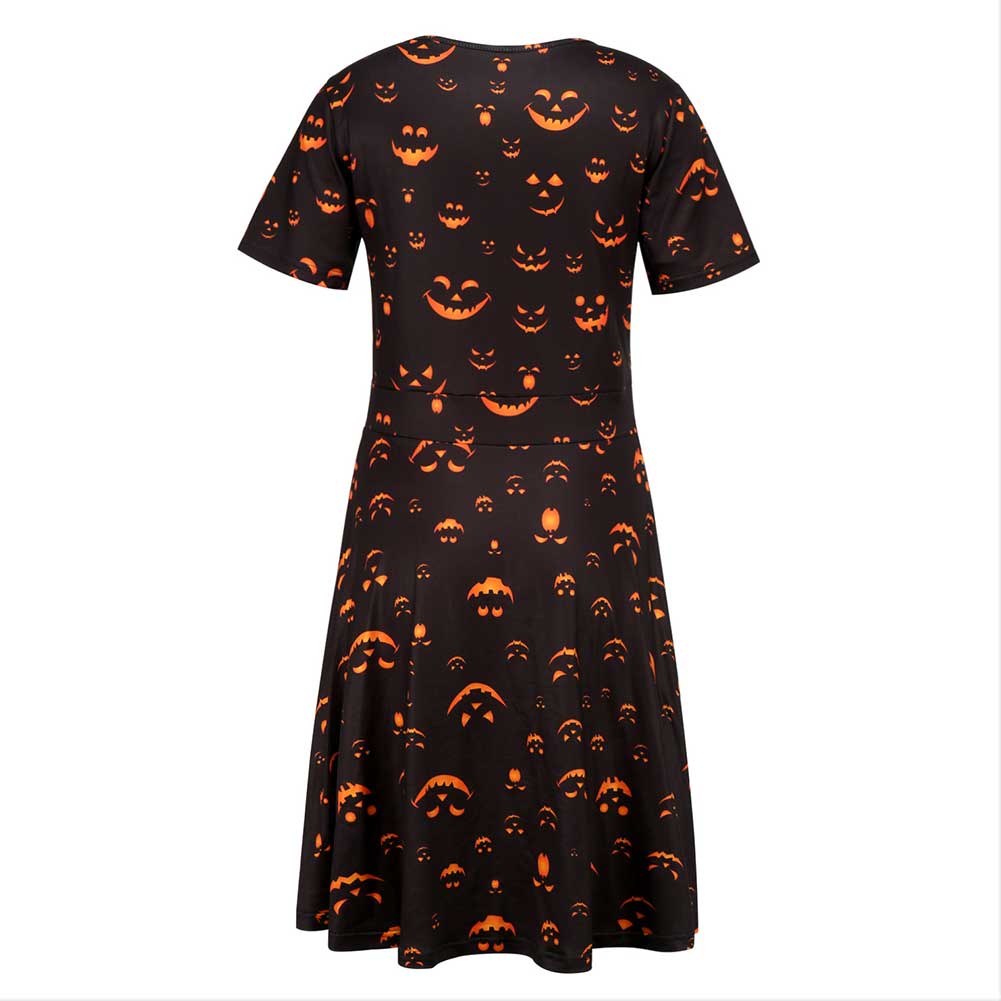 Halloween Disfraz Vestido de Manga Corta Estampada de Calabaza Vestido de Fiesta para Adultos Femenino