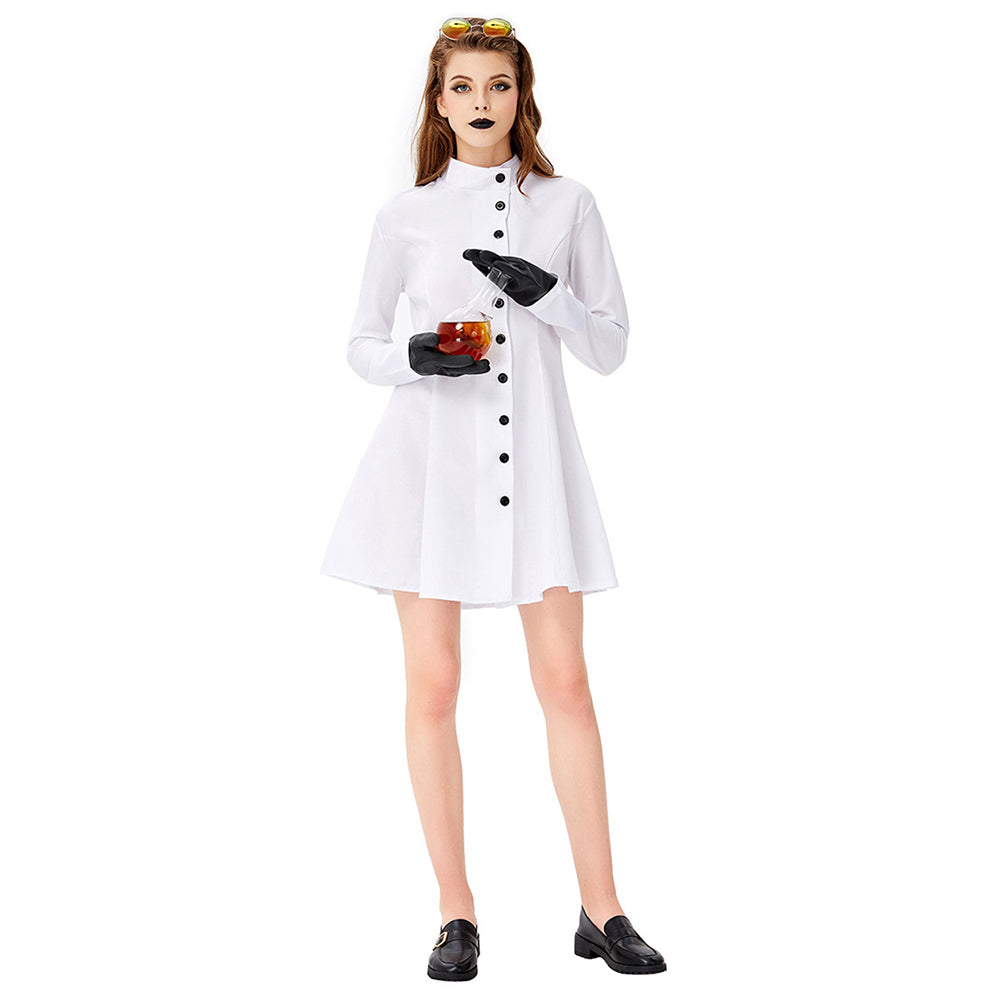 Halloween Vestido Corto Blanco de Laboratorio Cosplay Vestido de Manga Larga para Adultos Femenino
